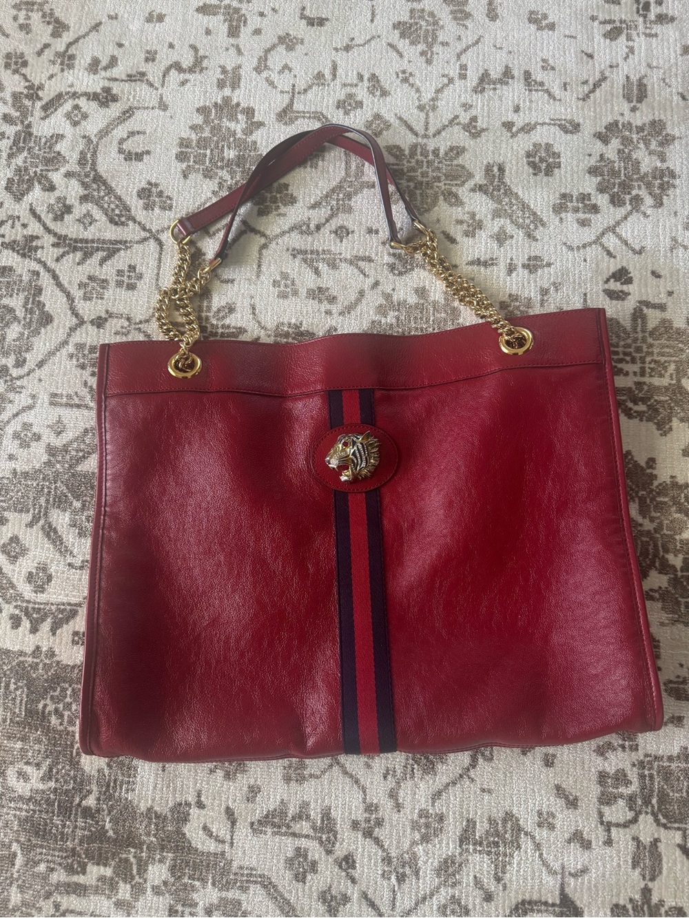 Gucci Red Leather Shoulder Bag with Navy Stripe and Gold Hardware